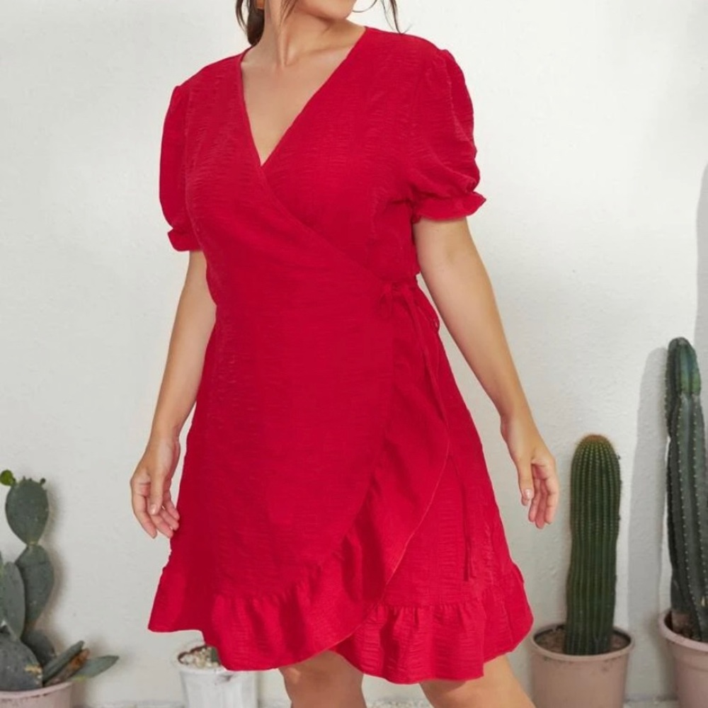 Red ruffle trim wrap dress. Fun & flirty. NWT.